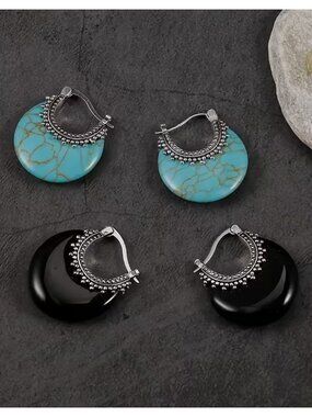 NWT Boho Faux Turquoise Blue Black Onyx Crescent Hoop Earrings